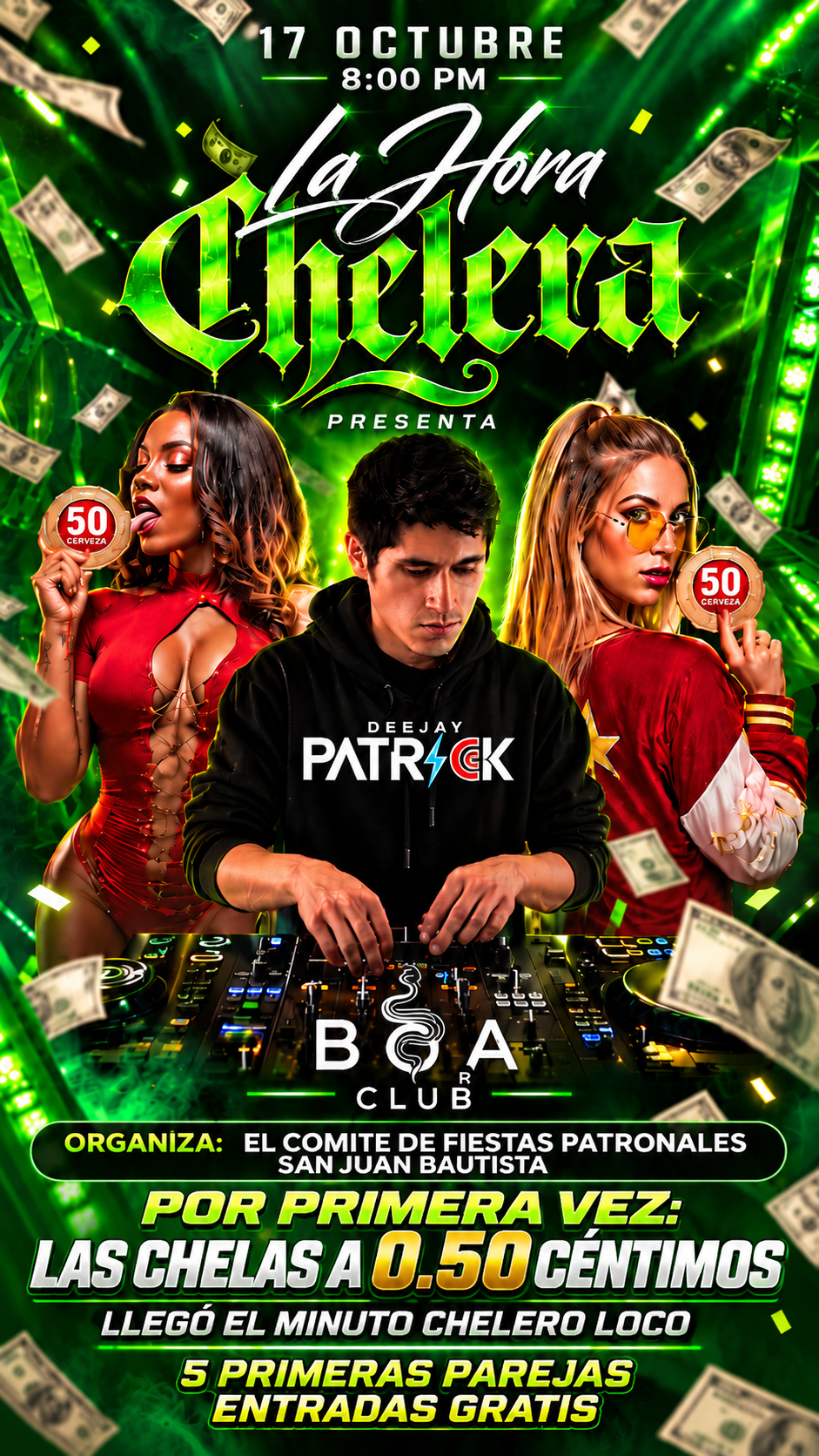Animate this nightclub event flyer into a high-energy promotional video. Keep all original text, logos, faces and composition unchanged. Create a realistic 3D motion effect. Add dynamic camera zoom-in and zoom-out movements, parallax depth between foreground and background elements. Make the green laser lights move and pulse like a real nightclub atmosphere. Animate the falling dollar bills floating slowly with depth and rotation. Add sparkling light flashes around the title 'La Hora Chelera' an